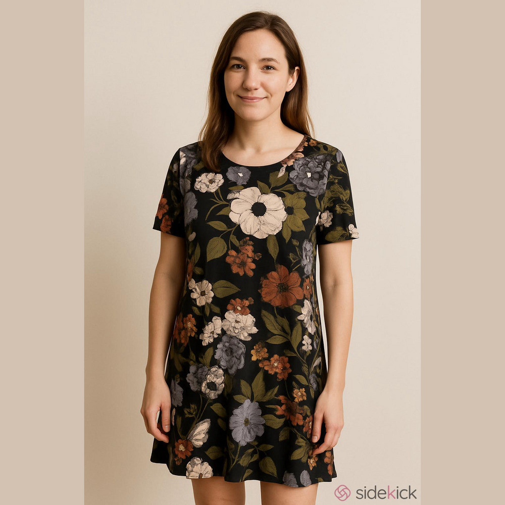 Loft Black Floral Print Rayon Spandex Shift Dress Women's Size S
